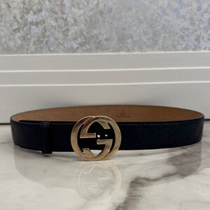 Gucci navy blue Belt with Gold GG Buckle